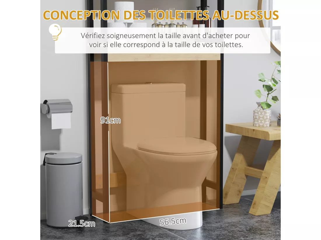 Meuble étagère dessus WC - 2 portes, 2 étagères - MDF noir bois bambou verni