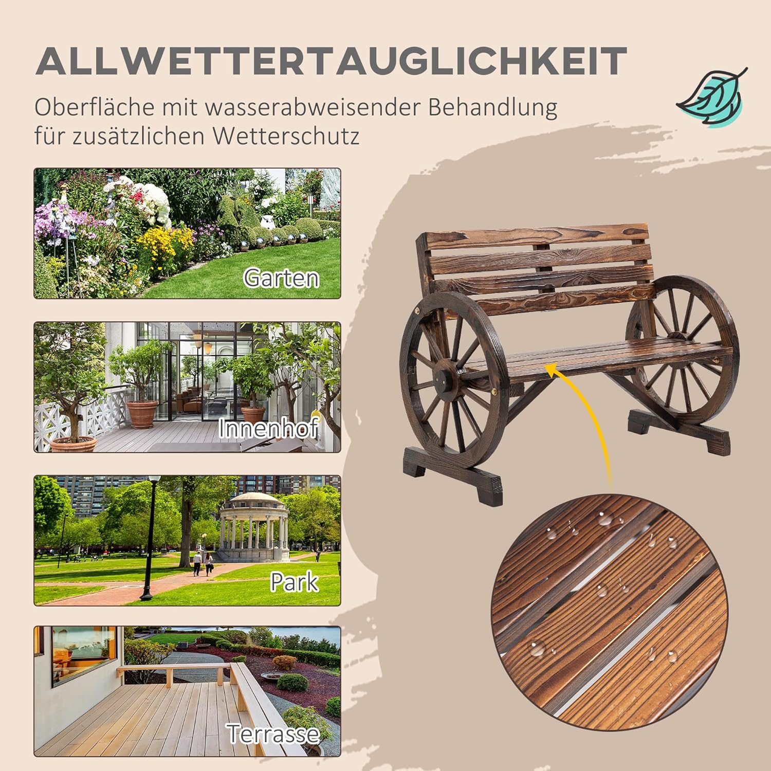 Outsunny 2-Sitzer Gartenbank, wetterfest Sitzbank, Gartenmöbel mit Rücken, Armlehnen im Rädernform Parkbank 240kg belastbar, Balkonbank, Holzbank für Balkon, Garten, 105,5 x 56 x 79 cm, Braun