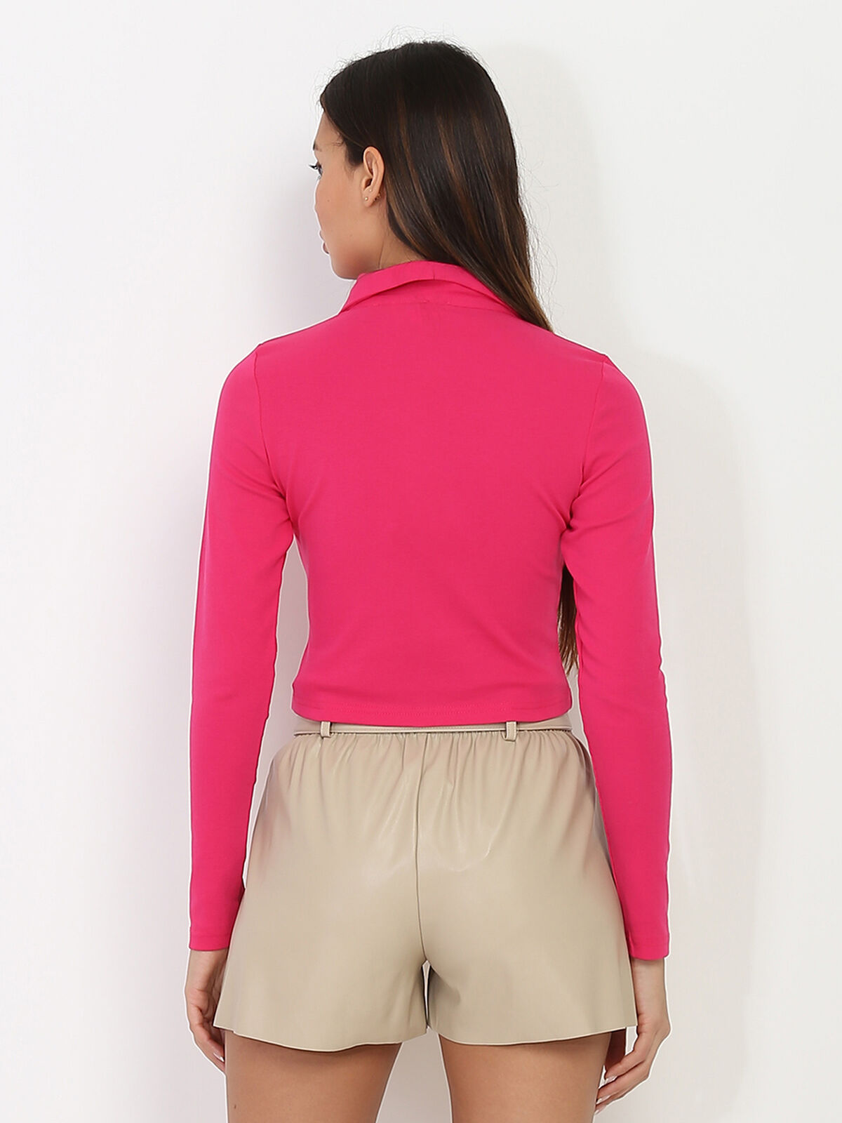 Crop top zippé à col polo- Fuchsia