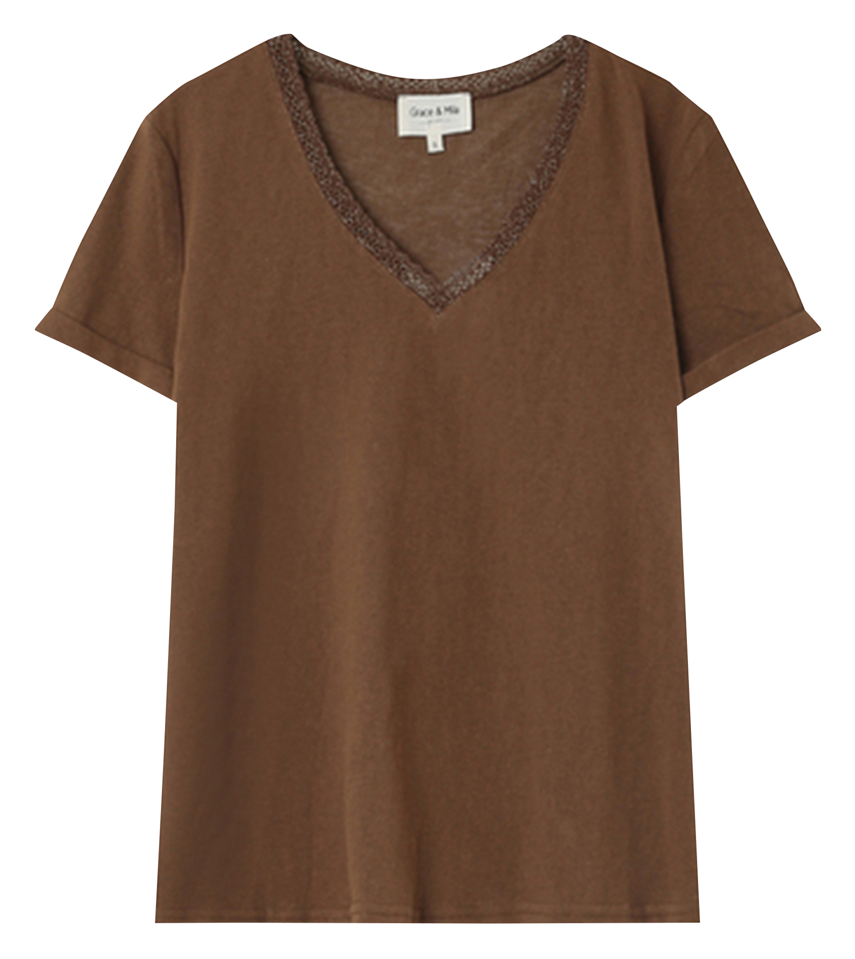 NOA - Tee-shirt col V droit en coton mélangé | Marron