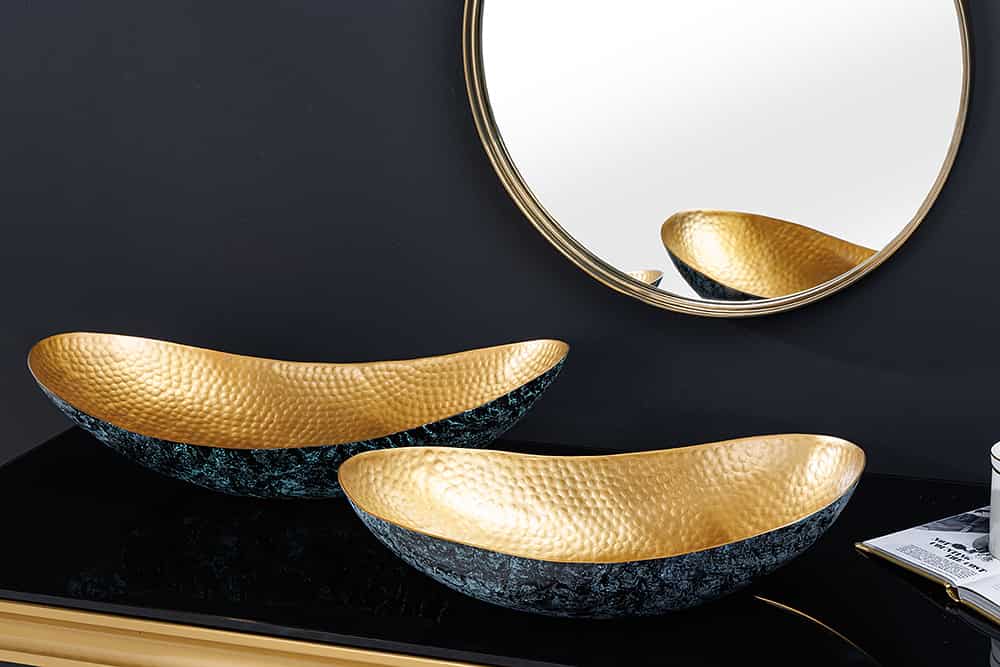 Handgerfertigtes 2er Set Deko Schalen ABSTRACT ORIENT 55cm gold Metall Patina