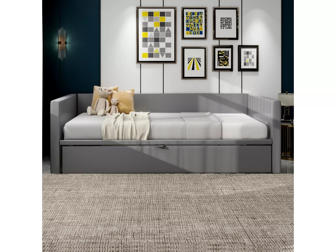 Lit gigogne 90/180x200cm, lit capitonné canapé-lit extensible avec sommiers à lattes, lit multifonctionnel en tissu velours style moderne - gris