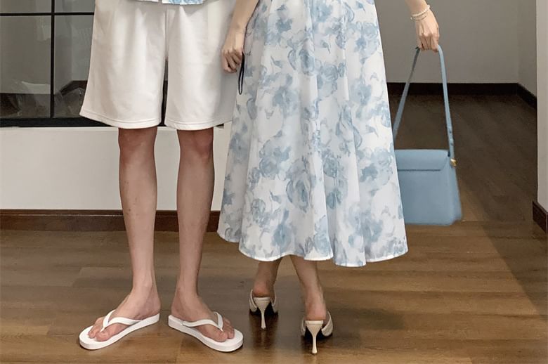 Azure - Bijpassende mouwloze A-lijn zomerjurk met bloemenprint / Hawaiiaans overhemd met korte mouwen