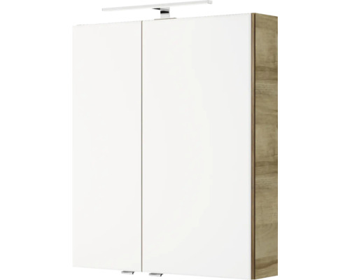 3-delige badkamermeubelset Pelipal serie 4035 BxHxD 60 x 200 x 45 cm, frontkleur eiken riviera, met keramische wastafel in wit en keramische wastafelkast, wastafelmeubel, spiegelkast met LED-verlichting, greep chroom hoogglans 40350600111470