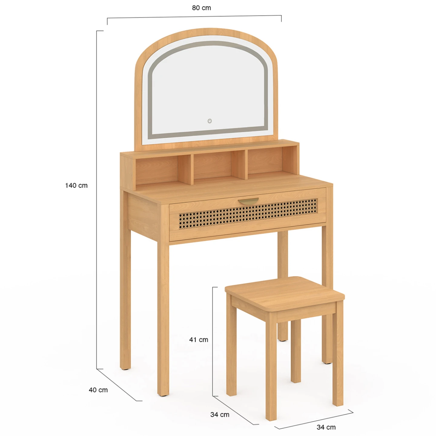 Coiffeuse EDHEN avec miroir LED, 1 tiroir, 3 niches et tabouret cannage et bois