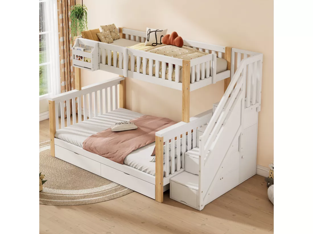 Lit superposé pour enfants 90x200+140x200cm - Lit double - avec 2 tiroirs - avec armoire d'escalier - Blanc + naturel (matelas non inclus)