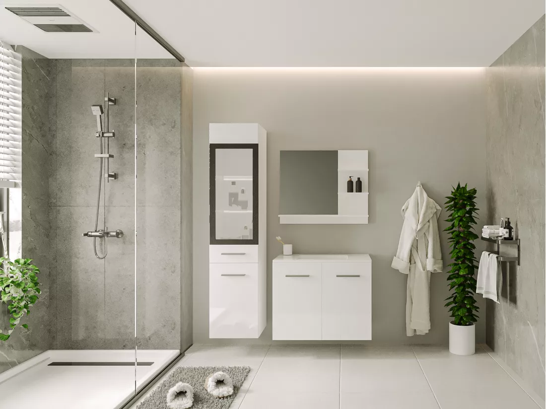 Colonne de salle de bain avec Leds blanches - Coloris blanc - L30 x l30 x H132 cm - LAURINE II