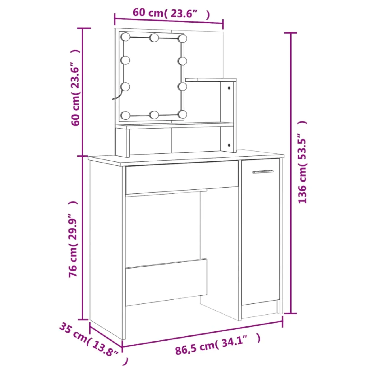 vidaXL Coiffeuse avec LED gris béton 86,5x35x136 cm