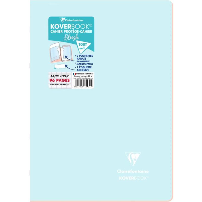 Cahier piqué Koverbook Blush A4 96 pages grands carreaux couverture polypropylène opaque bicolore - Assortis