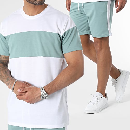 Ensemble Tee Shirt Et Short Jogging A Bandes Blanc Vert