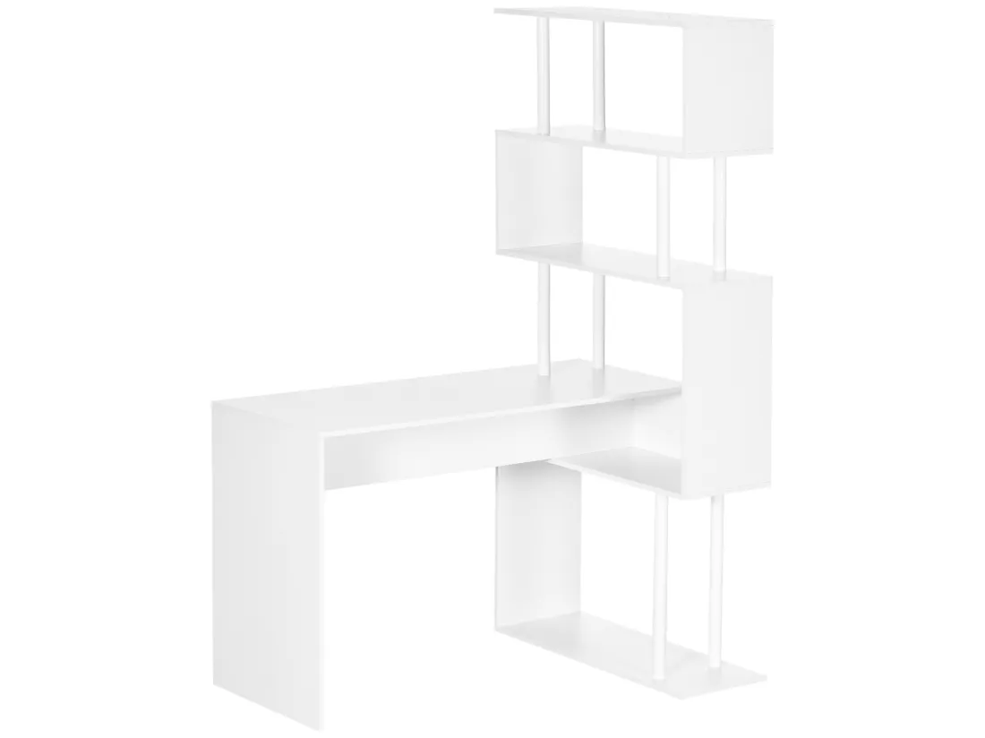 Bureau informatique design contemporain avec bibliothèque zig zag 4 étagères panneaux particules blanc