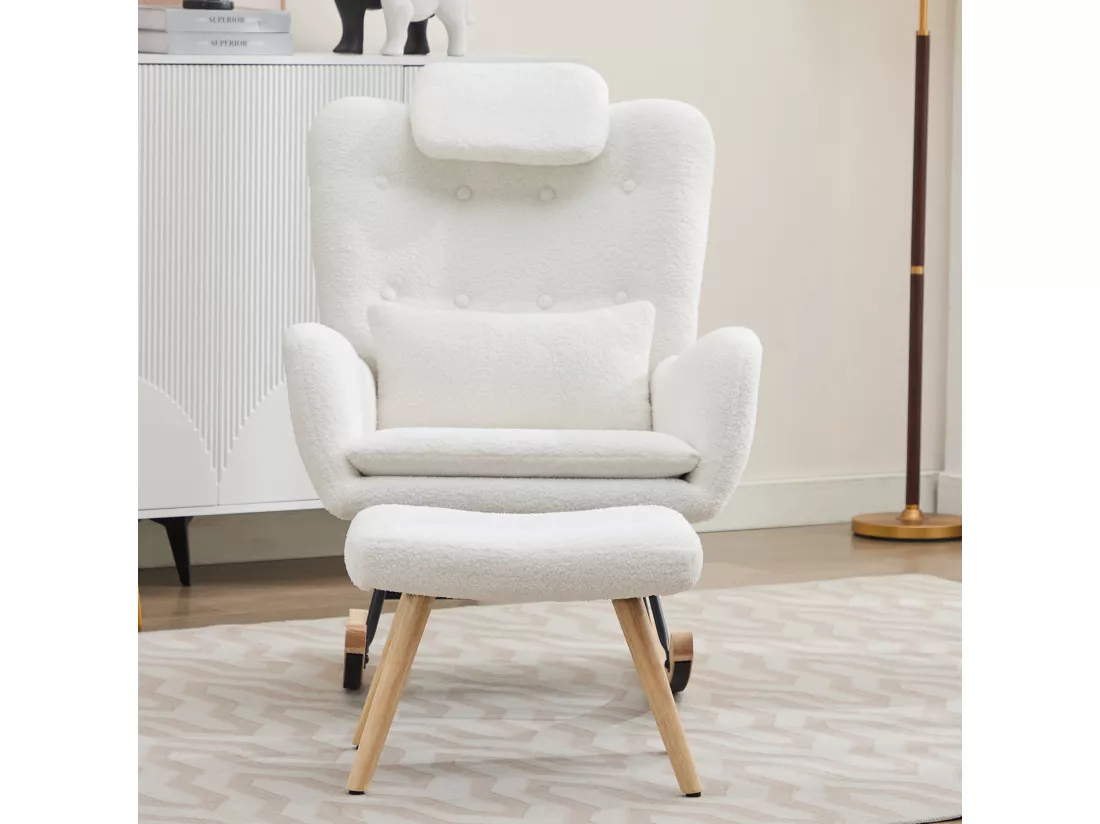 Fauteuil à bascule - avec tabouret - Velours - Blanc