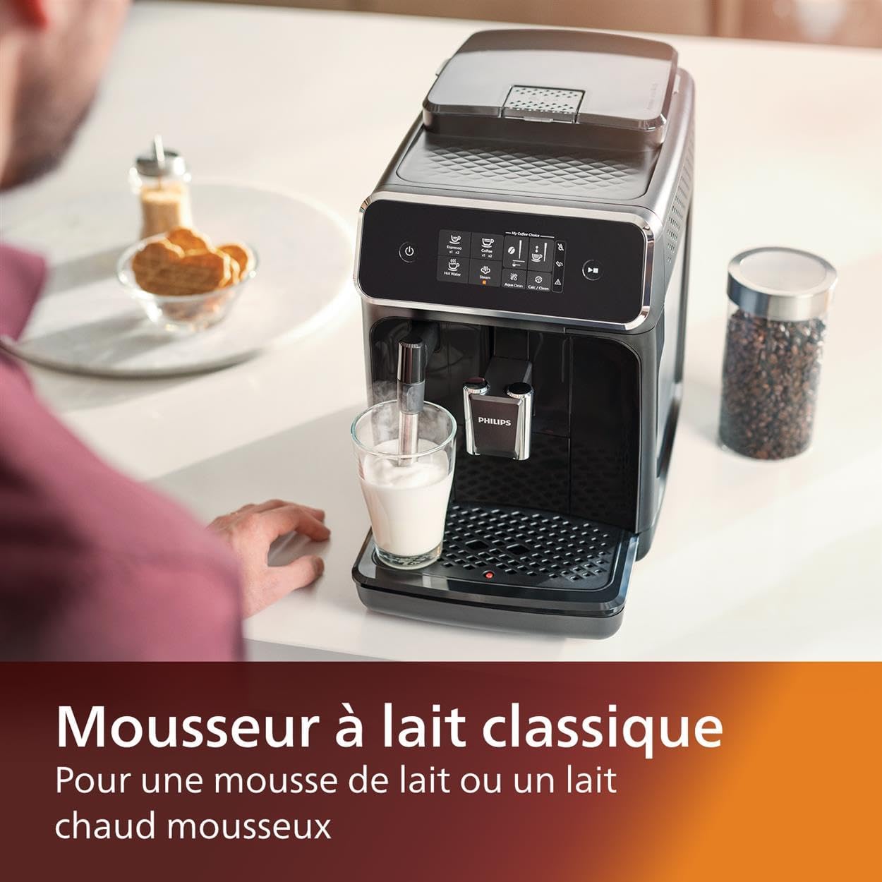 Philips Série 2200 Machine Expresso - Café à Grain - Mousseur à Lait Classique, cran Tactile Intuitif, Noir Mat (EP2220/10)