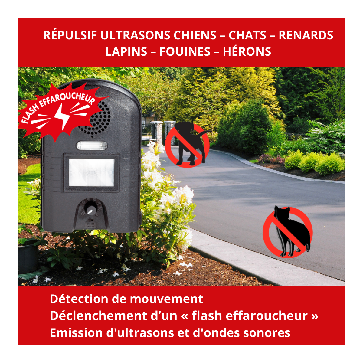 Retro répulsif ultrasons chiens - chats lapins – renards – fouines - hérons