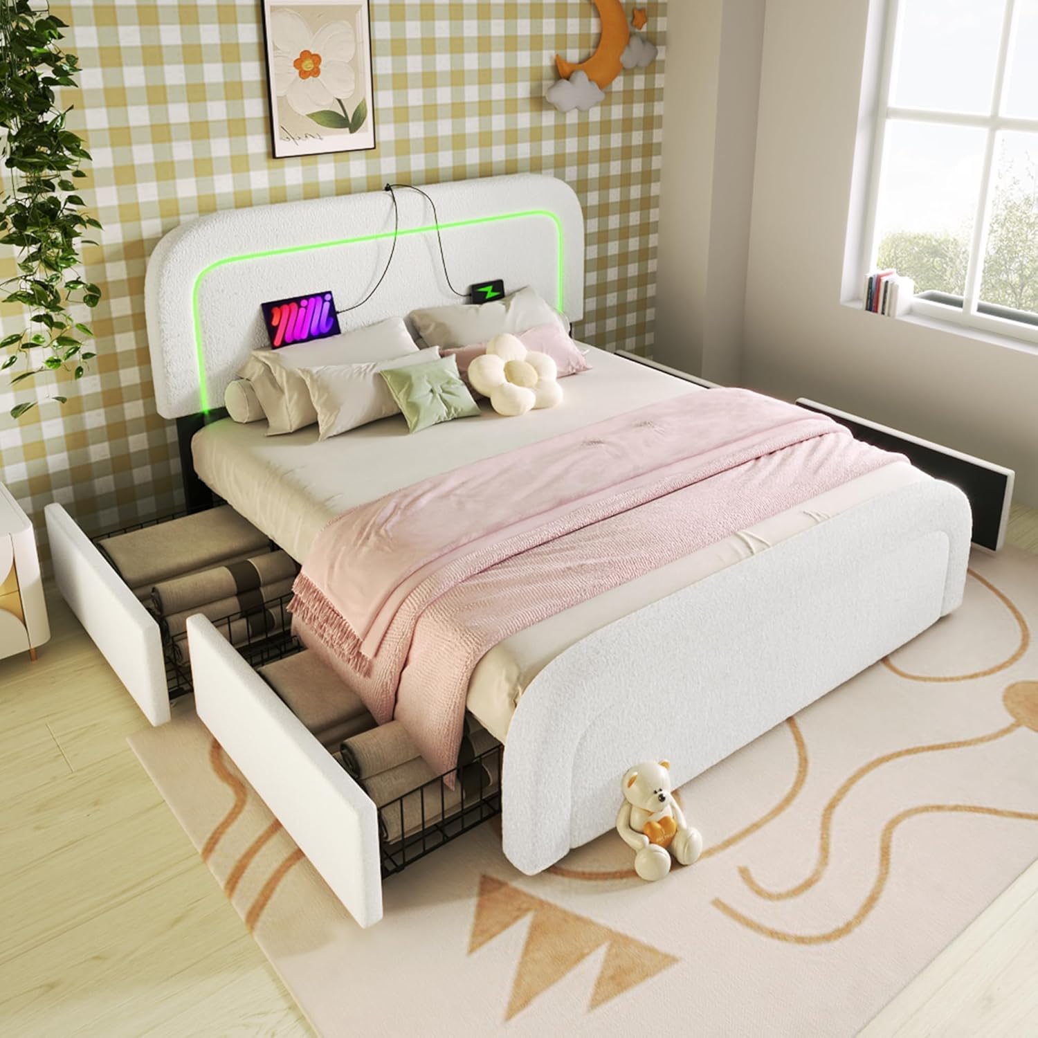 Merax Polsterbett 140x200cm mit 4 Schubladen, Aufladen USB, LED-Beleuchtung, Doppelbett Bettgestell mit Lattenrost & Verstellbares Kopfteil, Jugendbett mit Fußteil, Metallrahmen, ohne Matratze, Weiß