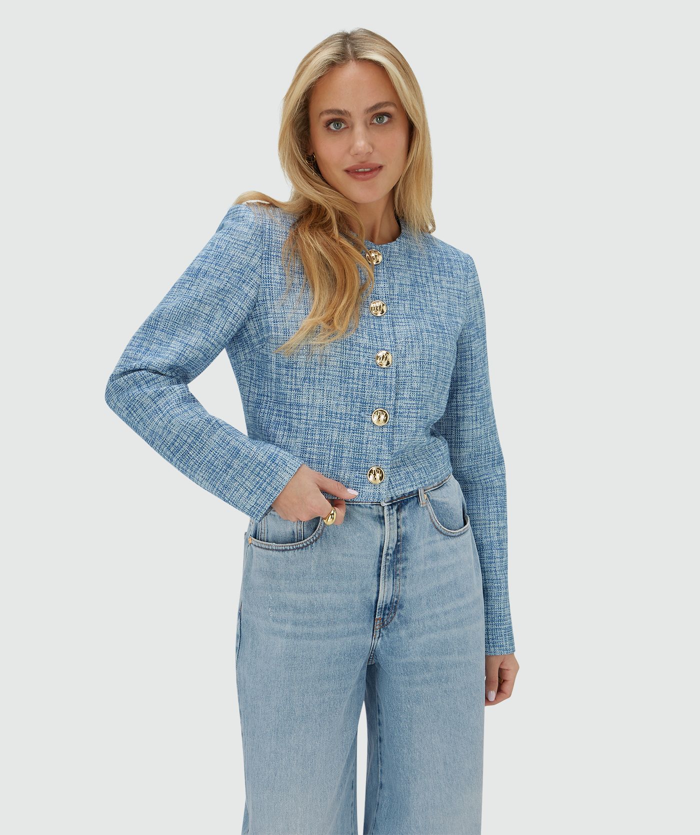 JV-REMI cropped blazer met lurex - blue bouclé