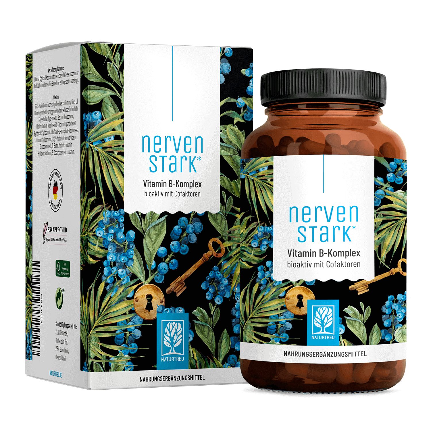 Vitamin B-Komplex (B1-B12) mit 3 Kofaktoren aktiv hochdosiert - Nervenstark -NATURTREU®