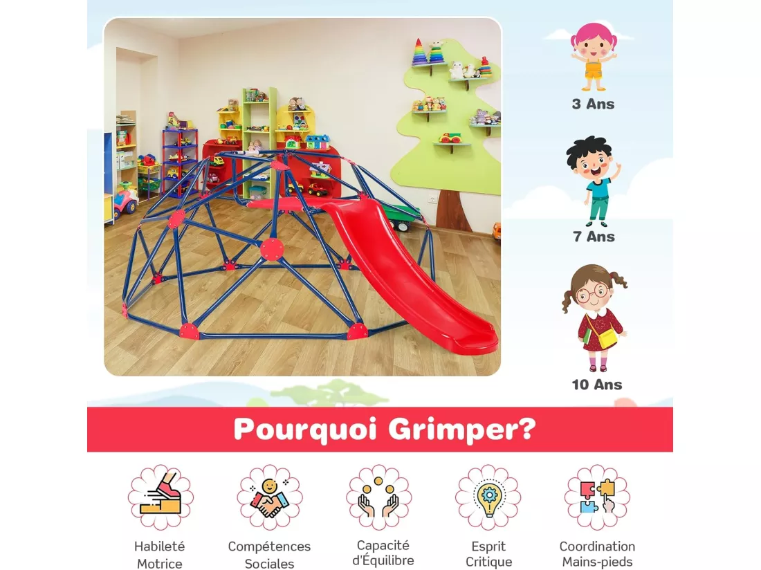Dôme d'escalade Enfants avec Toboggan, Cage d'escalade avec Coussin en Tissu et velours, Charge 180kg, Aire de Jeux Extérieure et Intérieure pour Garçons et Filles de 3 à 10 Ans (Rouge)