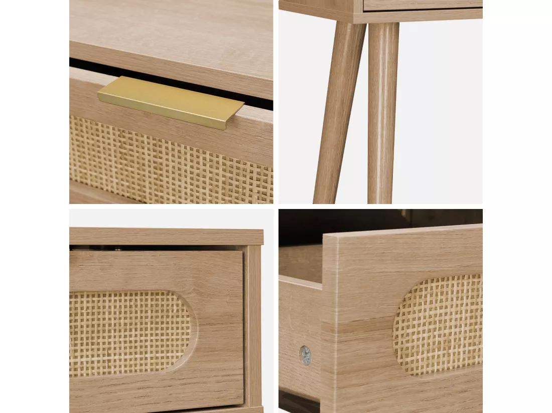 Console décor bois et cannage arrondi . Eva. 1 tiroir. 1 niche. pieds scandinaves. L 100 x l 29 x H 81cm