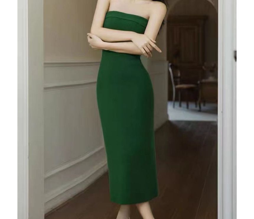 Sistyr - Set: Strapless effen midi-jurk met split en mantelbreisel + lange cardigan met open voorkant en sjaalkraag