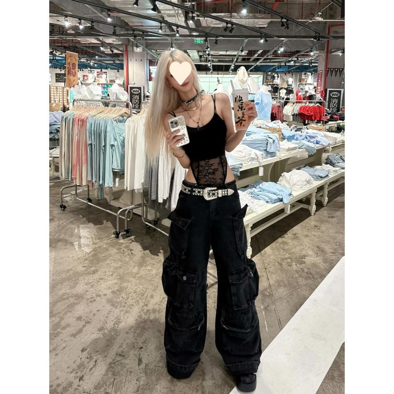 Vhancy - Low Waist Washed Cargo Baggy Jeans