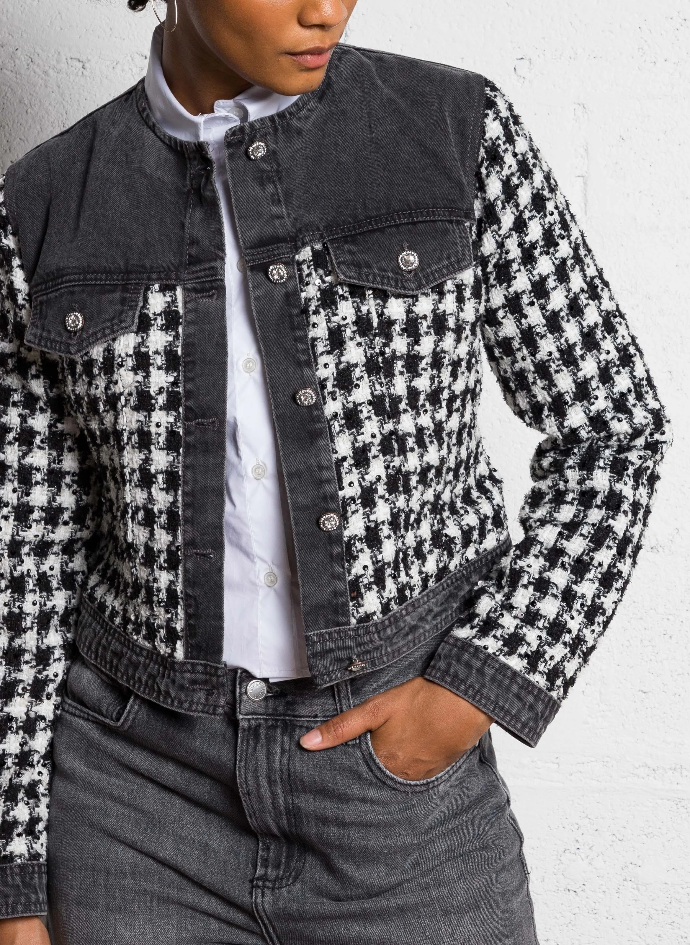 Veste droite col rond en tweed | Noir