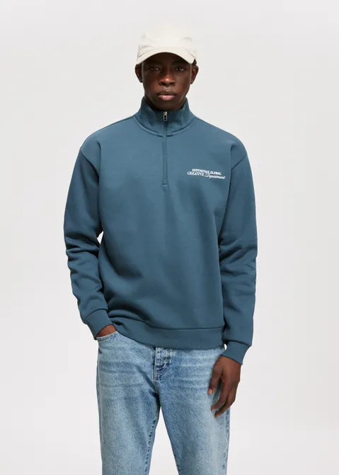 Half zip sweater met tekst blauw (PETROL)