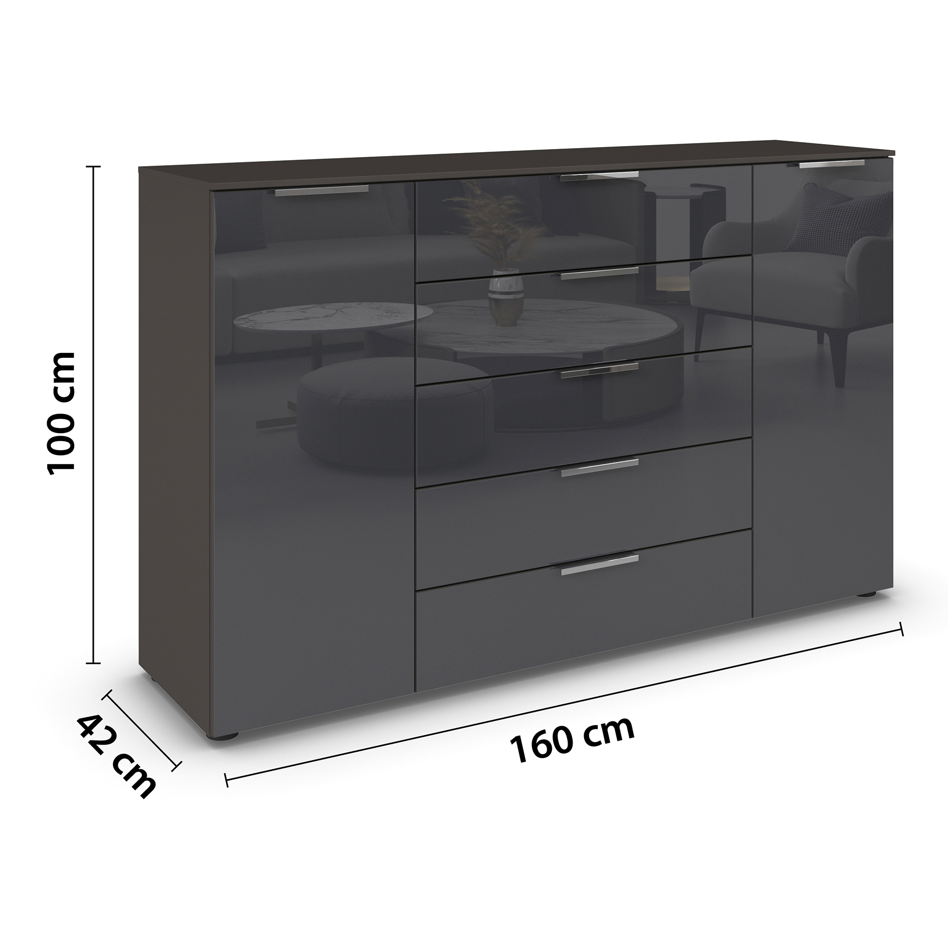 Kommode - graphit-Basaltglas - Chromgriffe - 160 cm