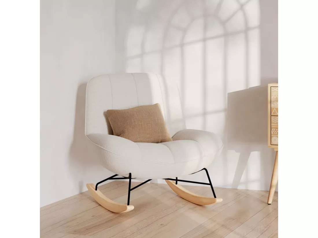 Rocking chair en tissu bouclette blanc cassé - Alvin