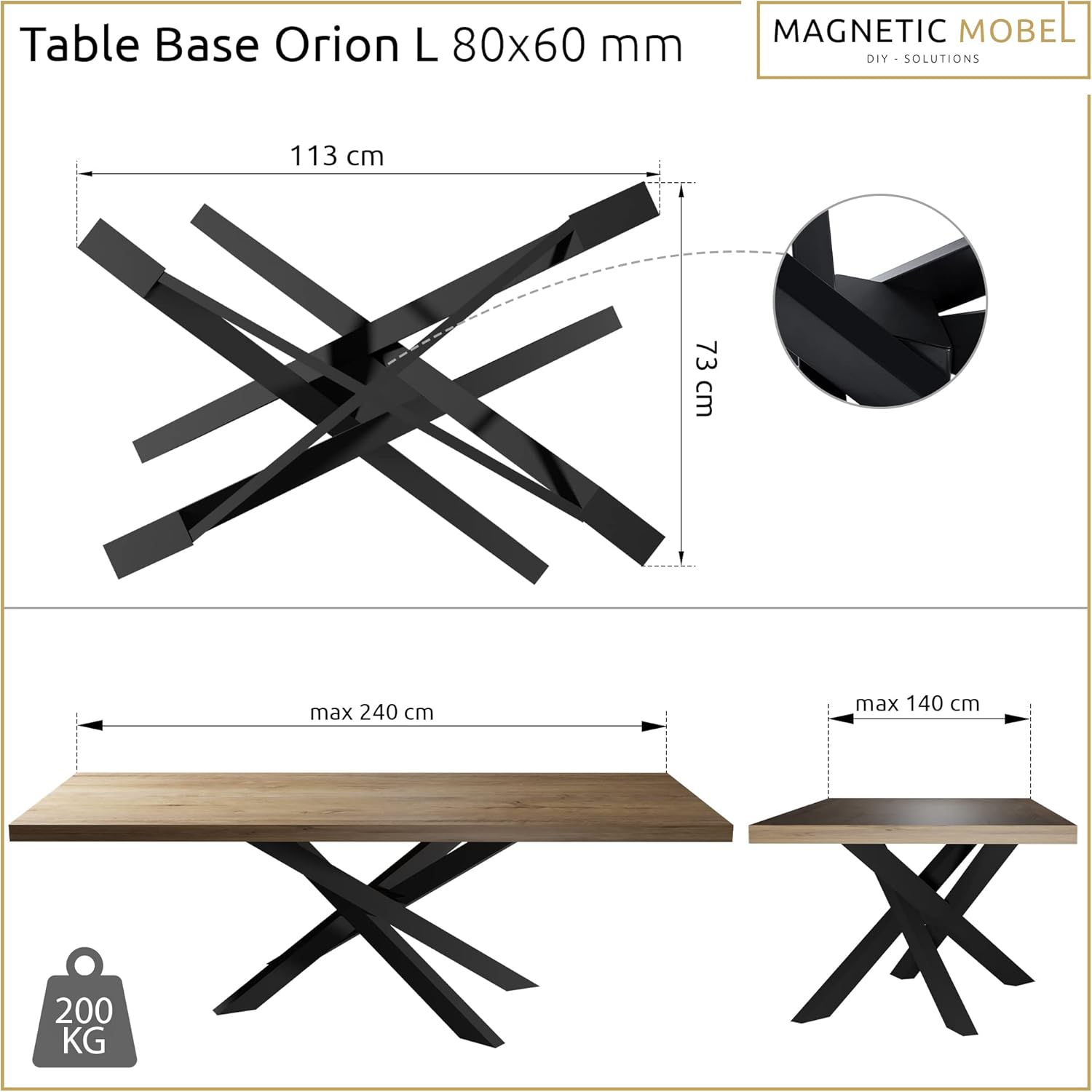 Magnetic Mobel Tischgestell Orion Design Kreuzgestell Schwerlast massiv Tischkufen Stahl Tischbeine Metall (Schwarz, 113x73xH71)