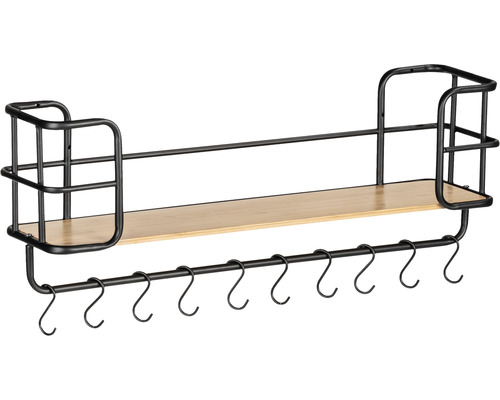 Wandplank met haken, loftstijl, bamboe/zwart