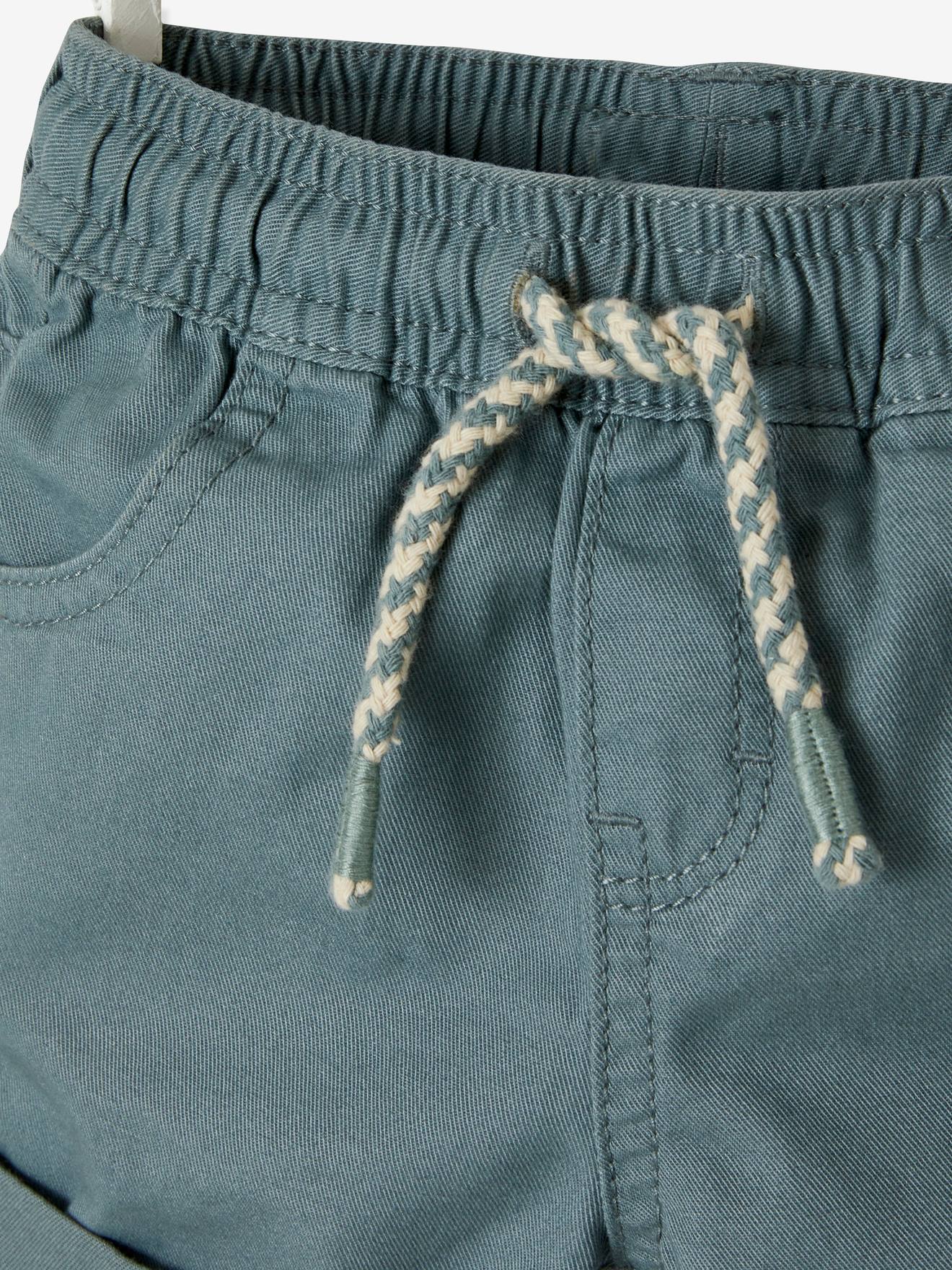 Calções de sarja com cintura elástica para bebé menino, castanho médio, liso.