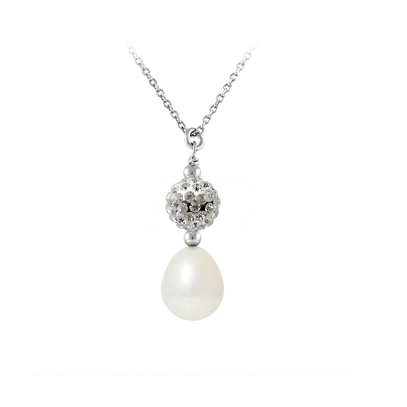 Collier Pendentif Perle de culture blanche, cristal et Argent 925