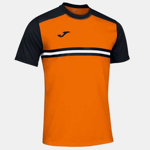 Camiseta Joma Hispa IV de manga curta, laranja e preta.
