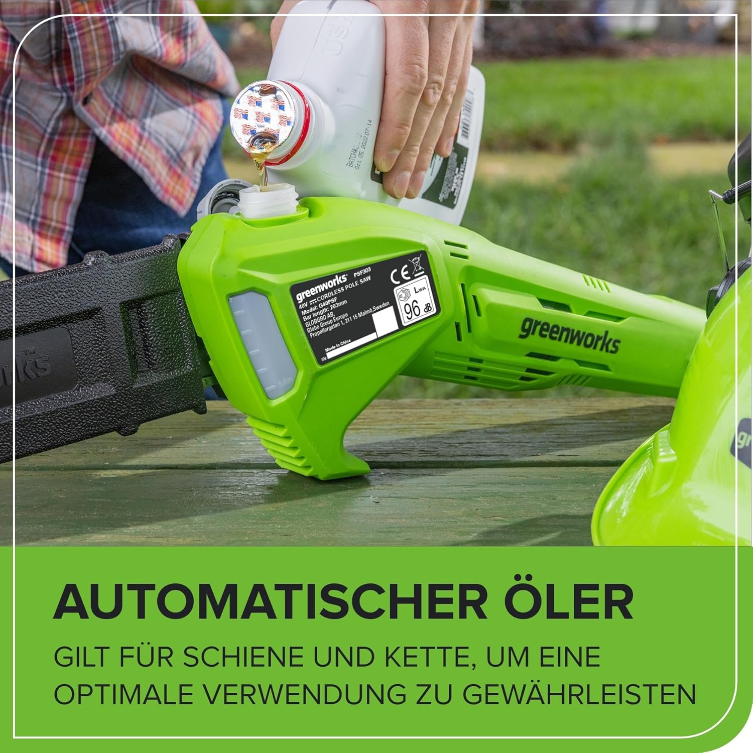 Greenworks G40PSFK2 Akku Hochentaster,20 cm Blattlänge, 8 m/s Kettengeschwindigkeit, 3,64 kg, automatisches Öl-System, 80 ml Öltank, 2.58m Stangenreichweite, 40V 2Ah Akku & Ladegerät, 3 Jahre Garantie
