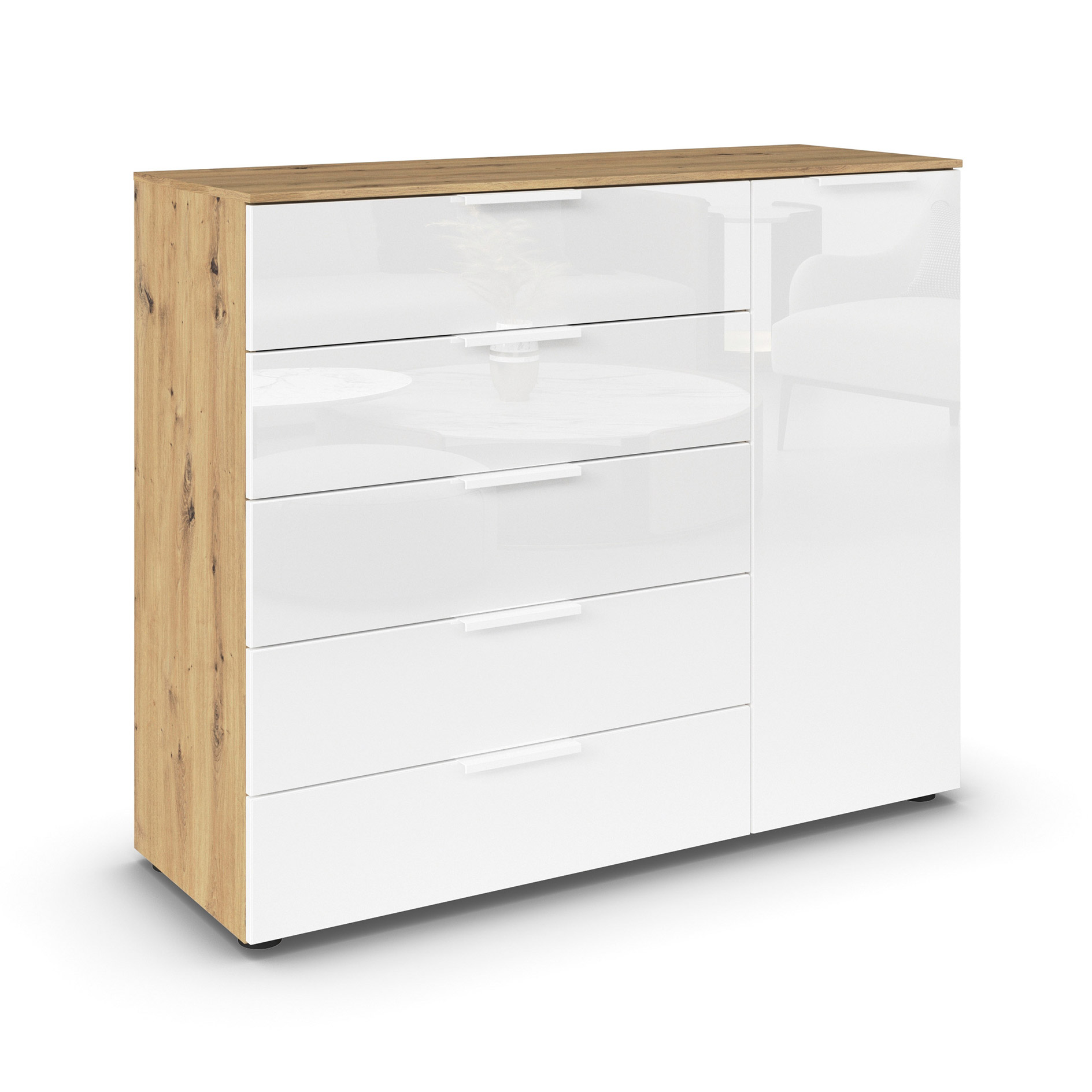Kommode - Artisan Eiche-Kristallweißglas - weiße Griffe - 120 cm