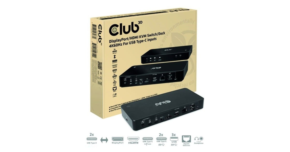 Club 3DDisplayPort/HDMI Dock 4K60Hz dockingstation  (Zwart, met KVM-functionaliteit)
