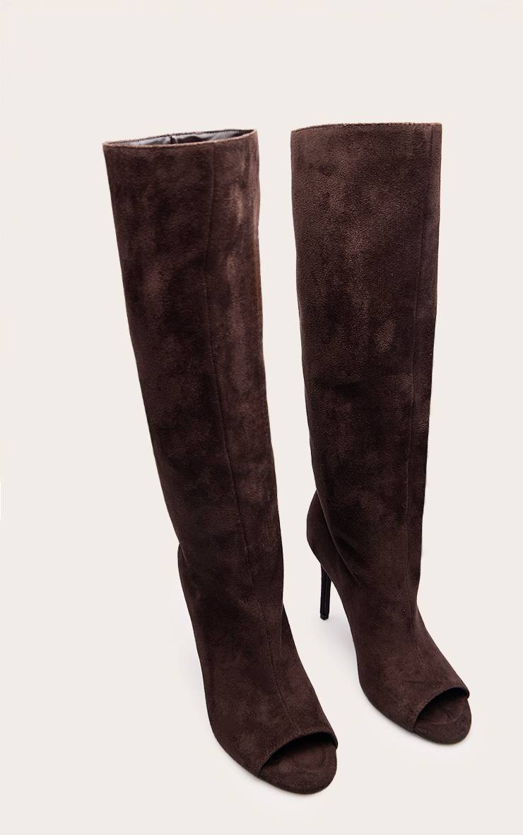 Chocolat Bottes Hautes À Talons En Synthétique À Bout Ouvert