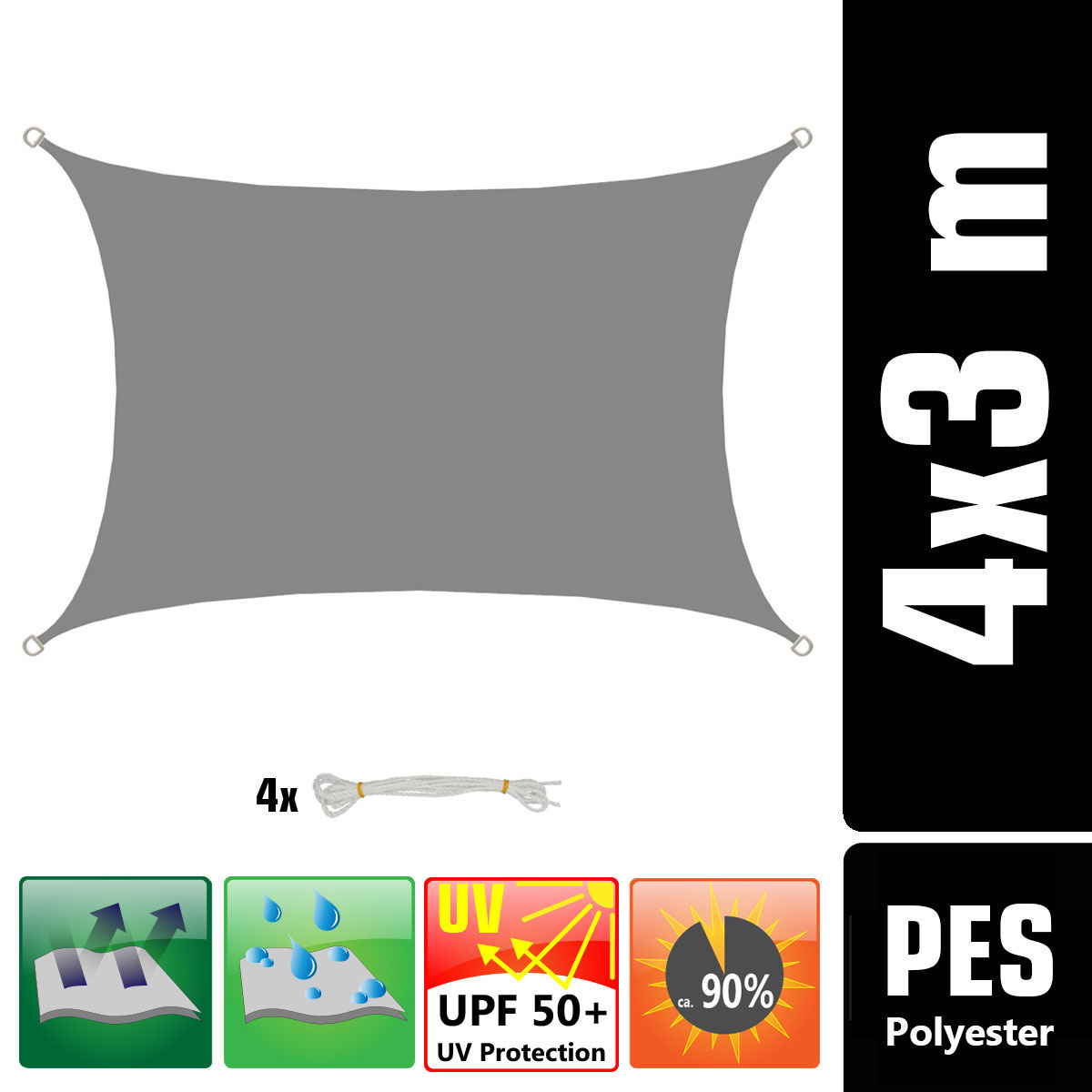 AMANKA 4 x 3 waterafstotende polyester schaduwdoek - Grey