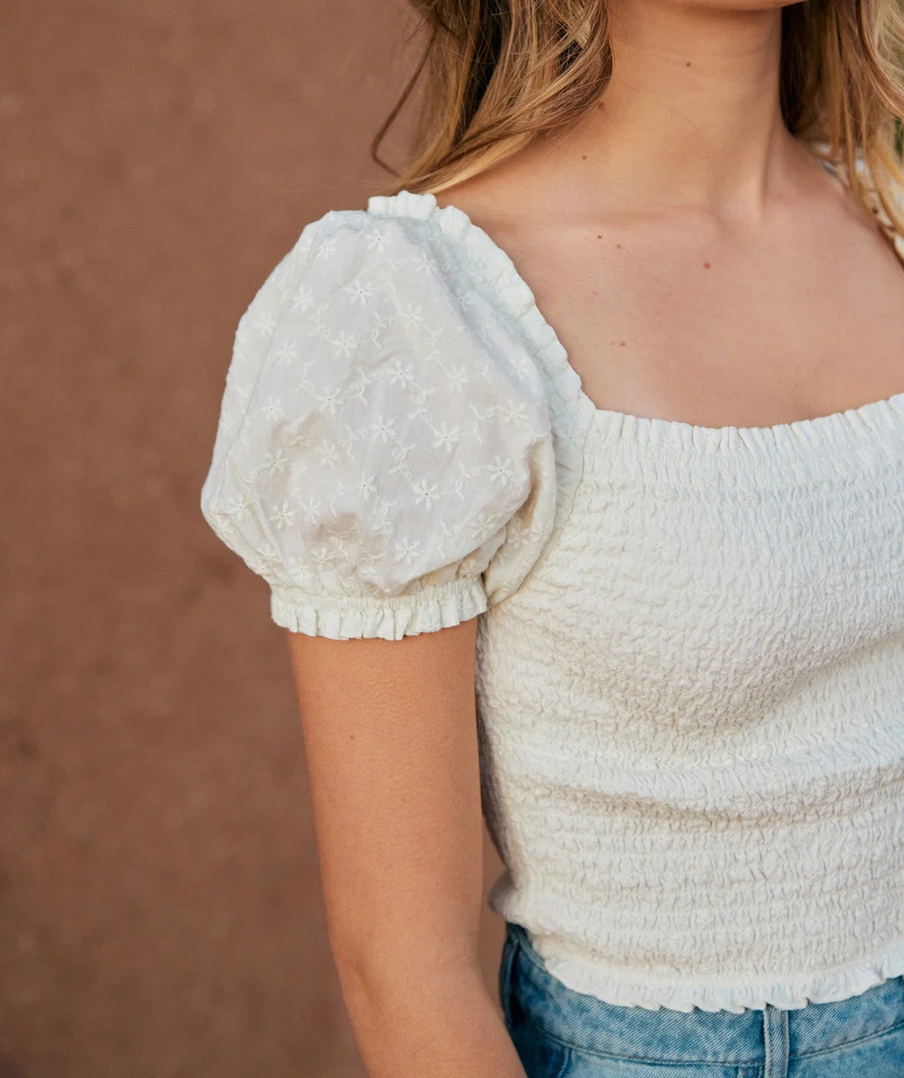 TOP MANCHES BOUFFANTES FILLE AVEC BRODERIES FLEURS