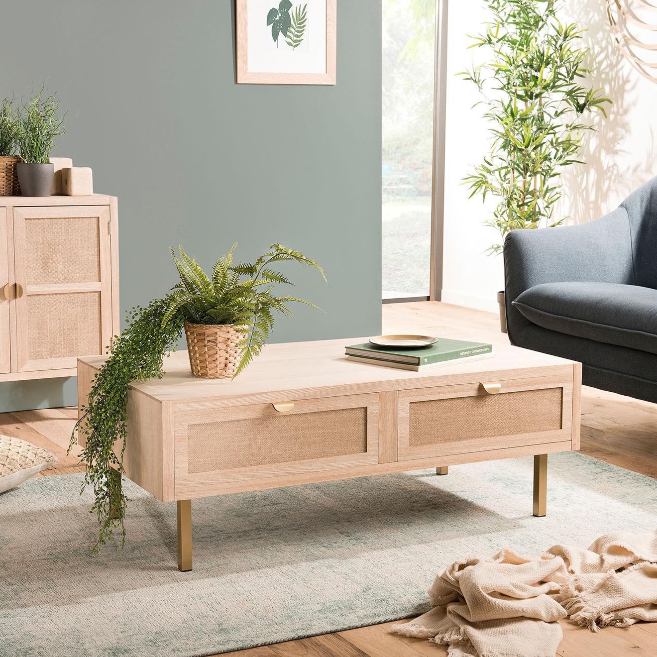 Macabane Table basse 2 tiroirs toile de jute aline bois/dorée - 110x60x40 cm