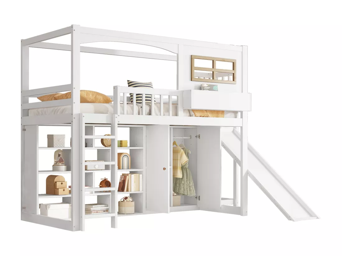Lit mezzanine en bois et MDF - 90x200 cm - avec étagères、armoire et toboggan - Blanc