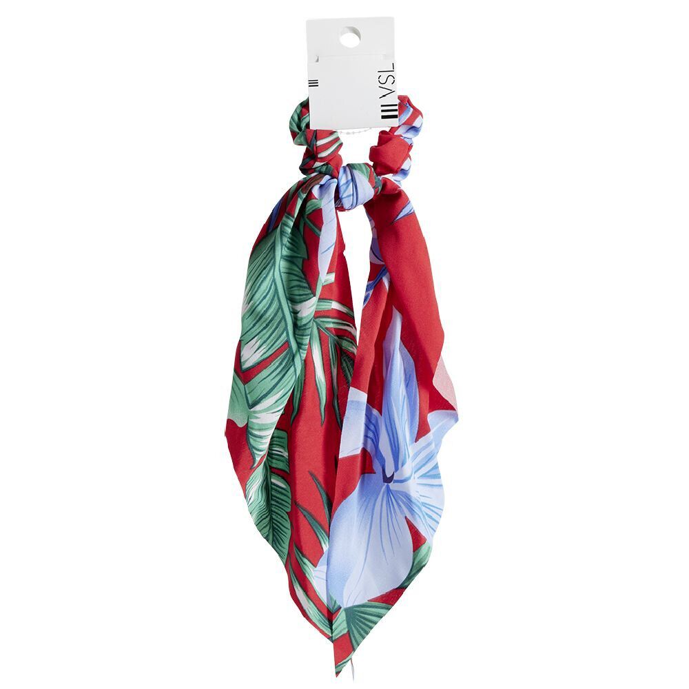 Chouchou foulard rouge motif tropical vert et bleu