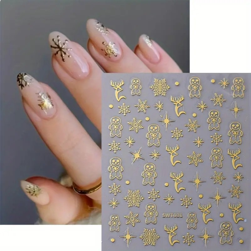 (70-tlg. Set) Nagel Sticker Nail Art Tattoo Selbstklebende Aufkleber Weihnachten - Gold
