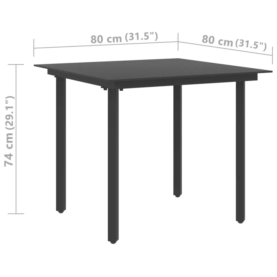 vidaXL - Tuintafel - Zwart - Staal en glas - 80 x 80 x 74 cm