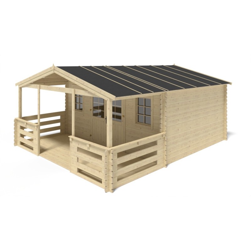 Abri de jardin en bois - 5x4 m - 30 m2 + terrasse avec balustrade et avant-toit en bois