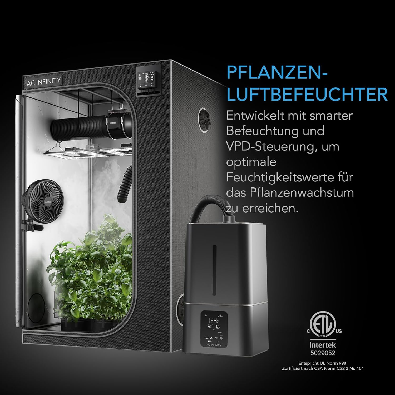 AC Infinity CLOUDFORGE T7 – Pflanzen-Luftbefeuchter 15 L mit VPD-Luftfeuchtigkeitssteuerung, 10-stufigem Präzisionsvernebler, verlängerbarem Auslassschlauch auslaufsicherem Verschluss Grow Zelte
