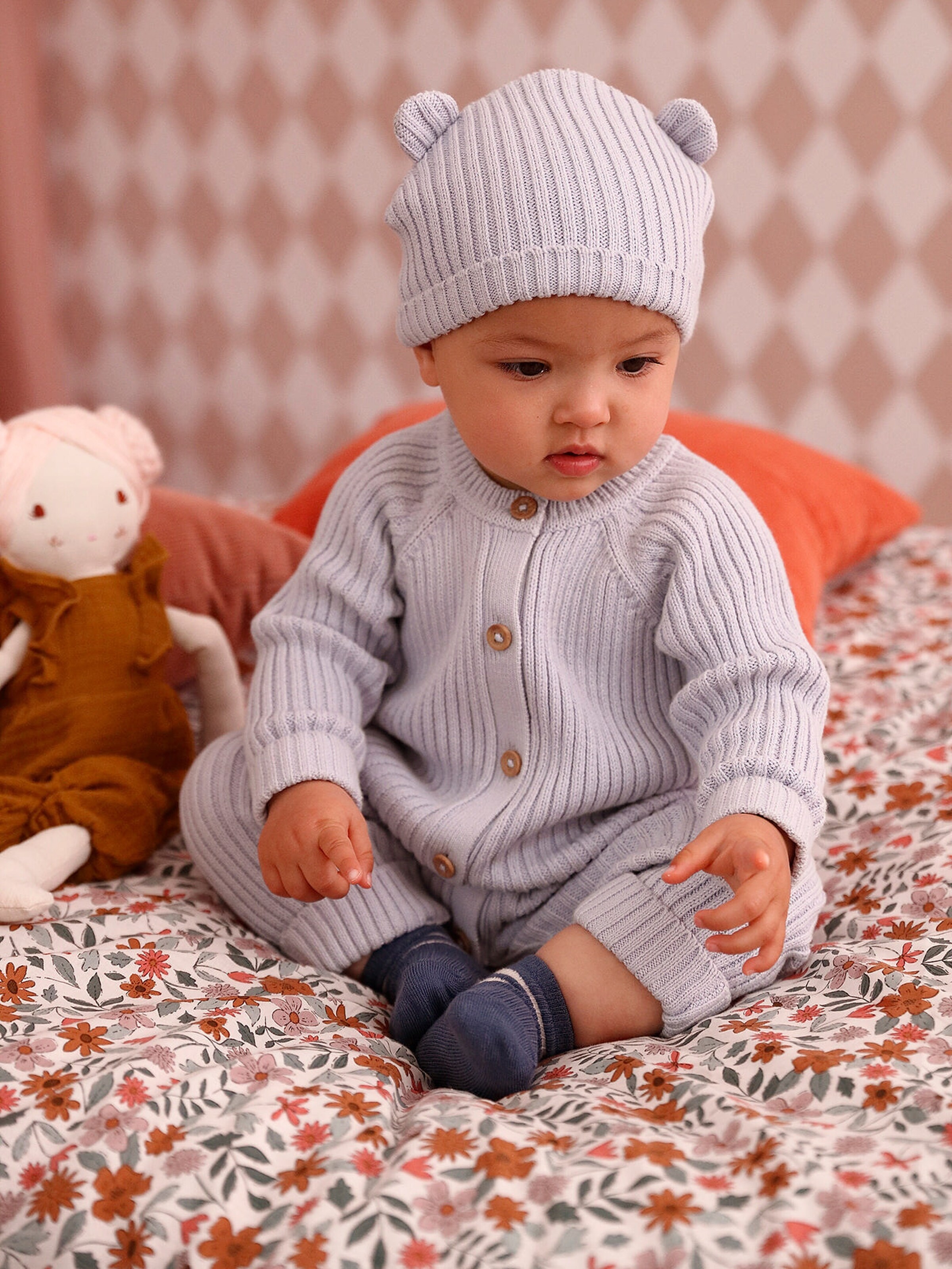 Vertbaudet Baby-Set: gerippter Strickoverall & Mütze mit Ohren hellblau