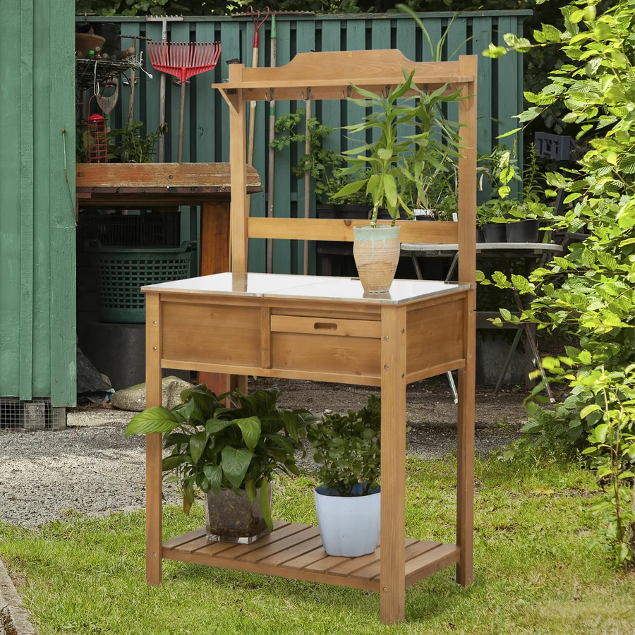 Outsunny Pflanztisch mit verzinkter Arbeitsplatte und Ablage natur