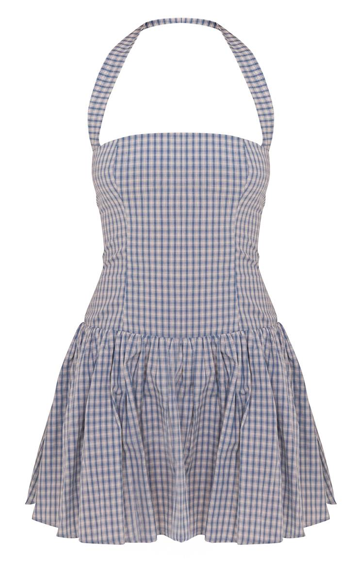 Bleu Robe Droite À Carreaux Vichy Avec Encolure Dos-nu